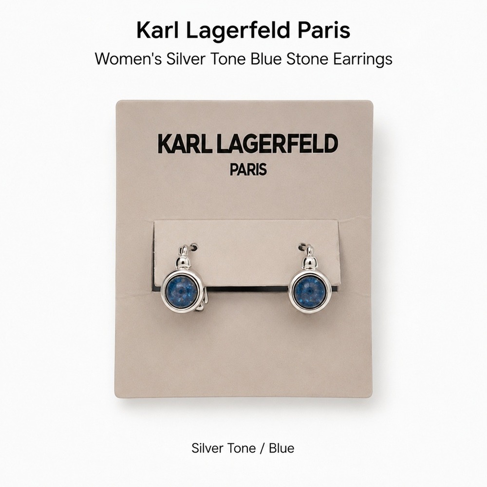 Karl Lagerfeld Paris Womens Silver Tone Blue Stone Roundā Bezel Hoop Earrings